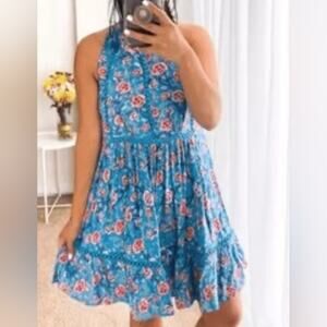 Anthropologie Sunday Mi Amor Blue Rose Backless Halter Mini Ruffle Sun Dress M